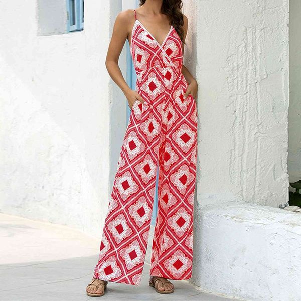 

women's jumpsuits & rompers summer women v-neck sling printed siamese pants loose casual plus size, Black;white