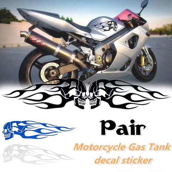 

pair universal motorcycle decal gas oil tank flames skull badge sticker