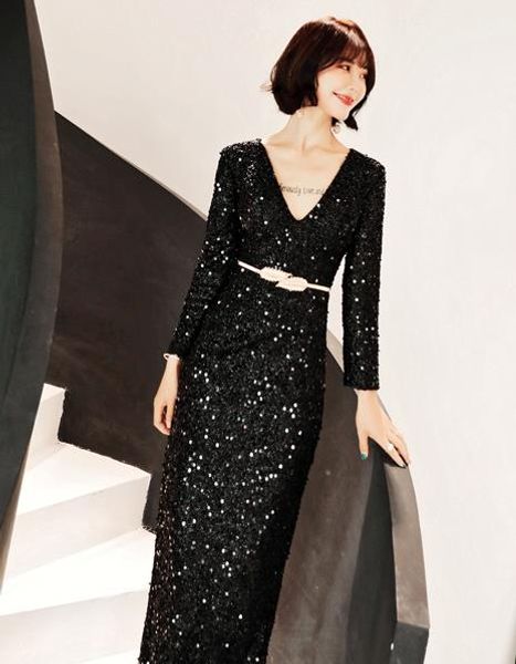

long sleeve evening dresses female 2019 new evening famous black noble open deep v-neck dresses skirt