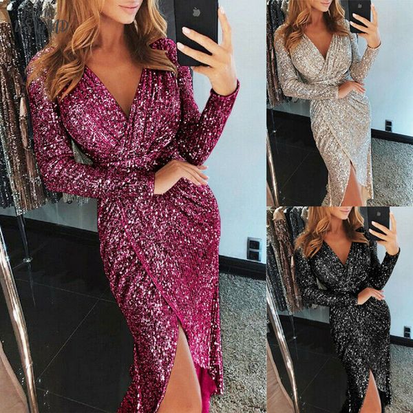 

2020 sequin party dress glitter dress women v neck bodycon slim glitter dress elegant ladies party, Black;gray