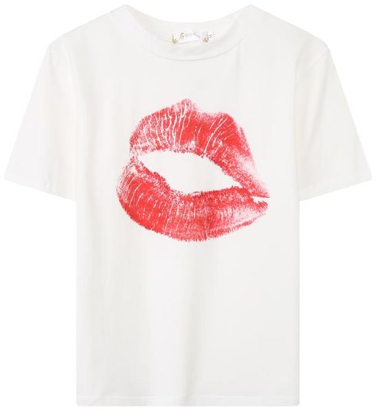 

2019 red lips printed slim round neck pullover short-sleeved t-shirt personality men and women trend wild shirt, White