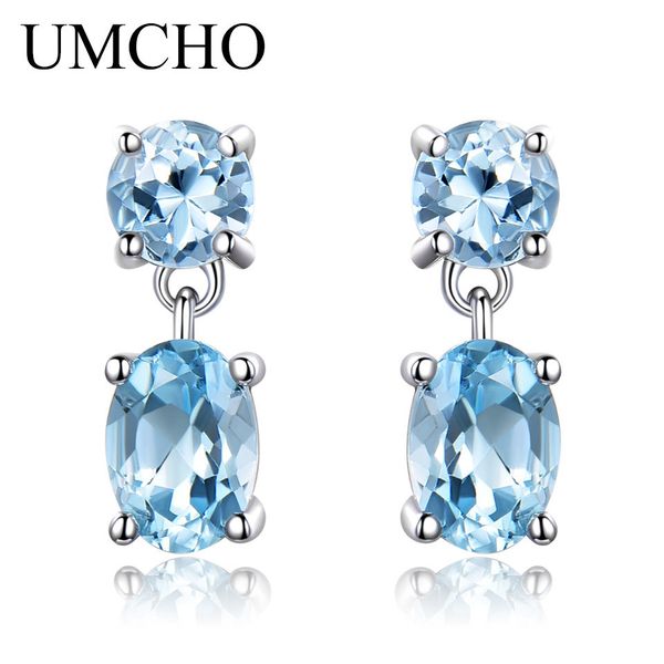 

umcho pure 925 sterling silver drop earrings for women oval faceted sky blue z gemstone earrings christmas gift fine jewelry, Golden;silver