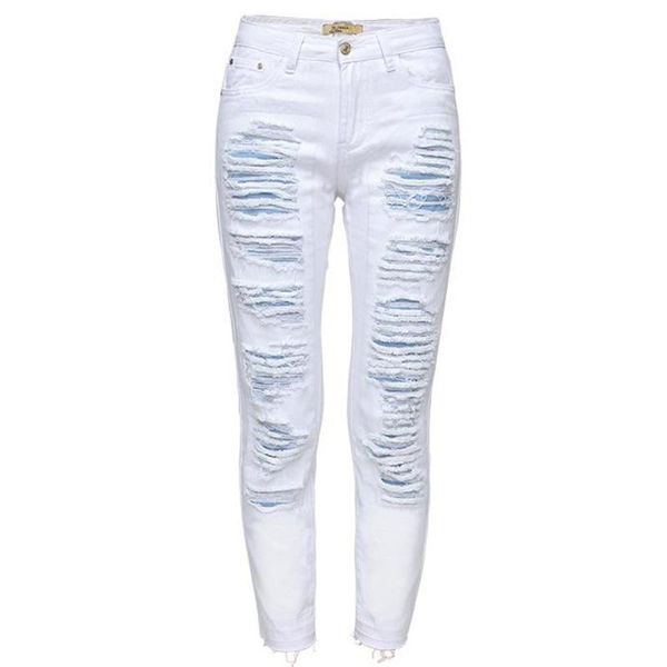 

women white jeans pants high waist ripped hole denim trouser broke tassel womens pencil skinny jeans streetwear long casual pant, Blue