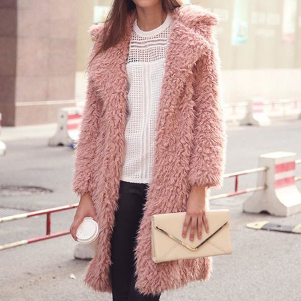 

women solid plush long coat ladies long sleeve overcoat autumn winter outerwear, Black