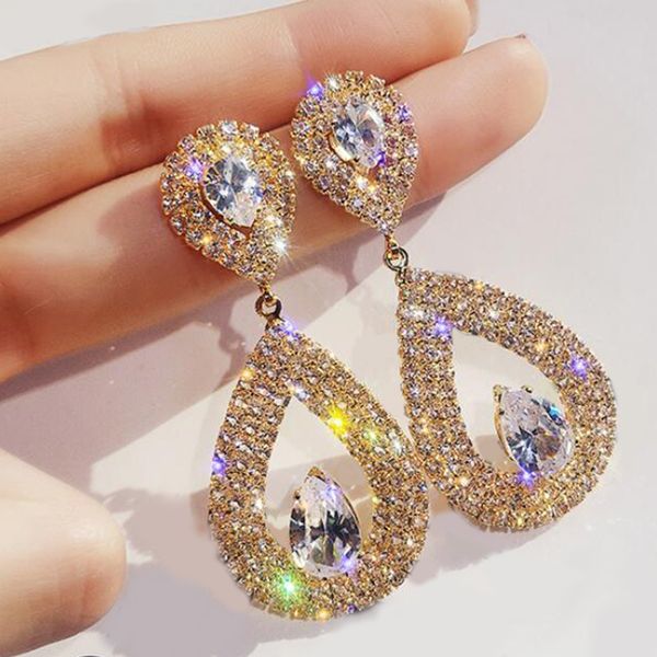 

fashion women earrings hollow drops crystal geometry pendant gold silver stud earring set exquisite wedding party jewelry gifts, Golden;silver