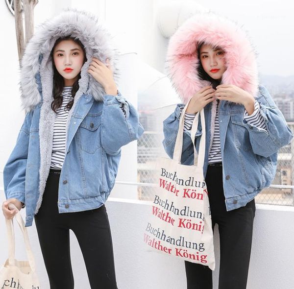 

thick denim coats fashion womens coats designer women winter coats solid color casual loose long sleeved fur hooded, Black
