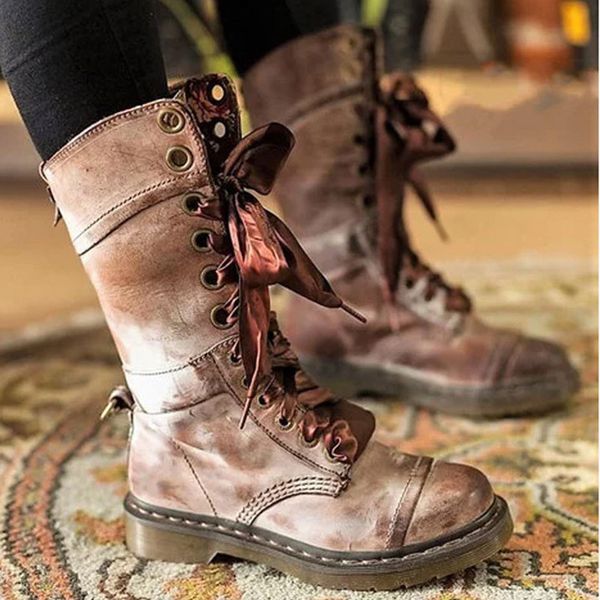 

winter women combat biker boots floral leather low heel lace rubber up mid calf punk black platform rubber botas mujer