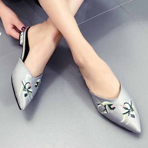 

summer mules shoes women slippers fabric embroidery sandals women pointed toe flat slippers casual shoes, Black
