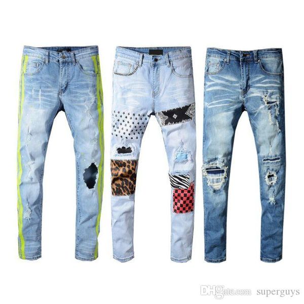 

mens distressed ripped jeans designer brand black jeans skinny ripped destroyed stretch slim fit hop hop pants js34, Blue