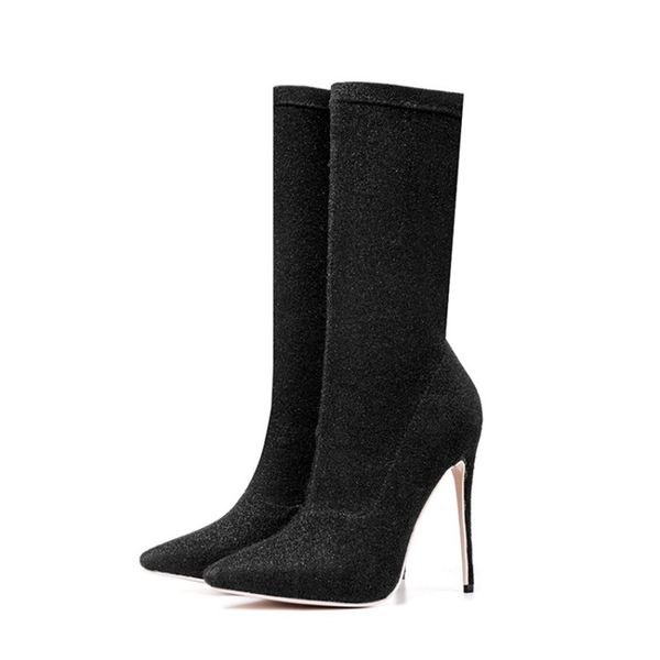 

shofoo shoes,fashion cloth, elastic boots, about 12cm high heel women's boots, mid- calf women's boots, Black