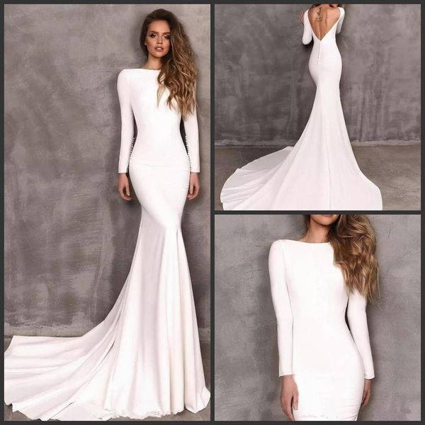 

vintage berta mermaid wedding dress bateau neck long sleeve bridal gown abiti da sposa backless vestidos de novia beach wedding dress 701, White