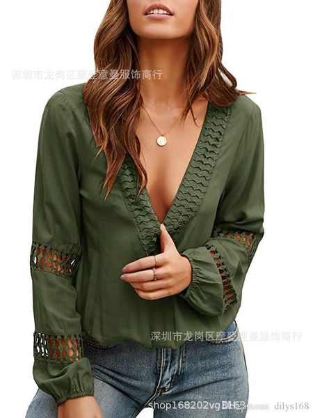 

women's blouses shirts chemise femme wear women green lace deep v collar shirt long sleeves leisure time hollowing out shirt, White
