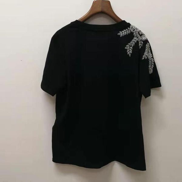 

2020 flower embroidery women t shirt summer ladies o-neck short sleeve beading tee female clothes, White