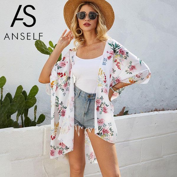 

women floral print kimono cardigan open front half sleeves loose bohemian bikini cover ups beachwear summer beach cover up 2xl, Blue;gray