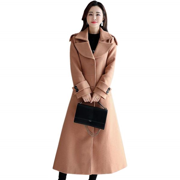 

fashion black woolen coat women autumn winter new long wool jacket ladies elegant plus size slim wool overcoat 3xl