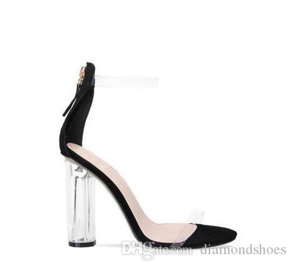 

transparent pvc chunky heels women sandals open toe ankle buckle female shoes perspex high heels ladies gladiator party shoes, Black
