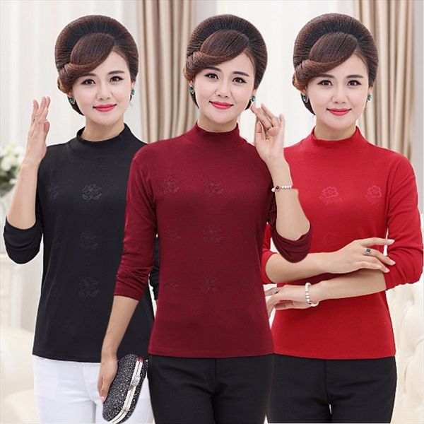 

women's autumn clothes mother middle-aged and elderly women's long sleeve cotton semi-high collar solid color t-shirt middle-aged, White