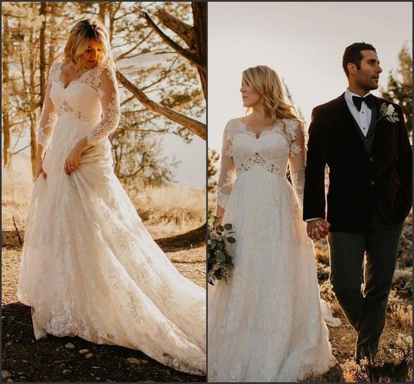 

Plus Size Wedding Dresses with Long Sleeve 2019 Modest Full Lace Empire High Waist V-neck Country Bridal Wedding Gown