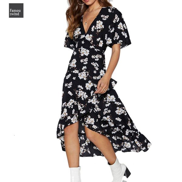 

floral print beach dress summer boho style ruffles dress casual short sleeve v neck party dresses robe chiffon femme, Black;gray