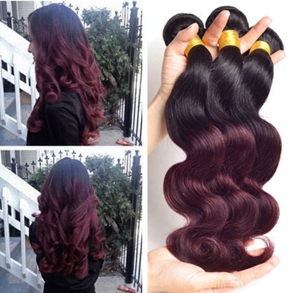 Ombre Capelli umani bicolore Trama 99J fasci di capelli peruviani brasiliani neri e bordeaux