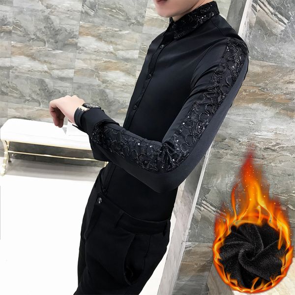 

men lace shirt autumn winter long sleeve social shirts men thick warm slim fit plus velvet night club prom tuxedo shirt, White;black