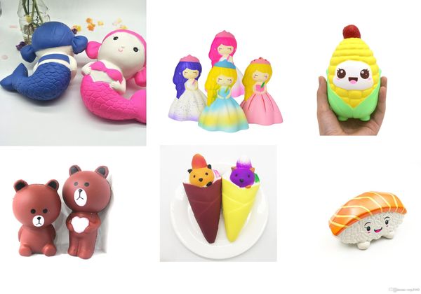 

squishy toys , princess bride, salmon, mermaid, cartoon corn, small brown bear, ice cream, squeezing cute cellphones with gifts for children