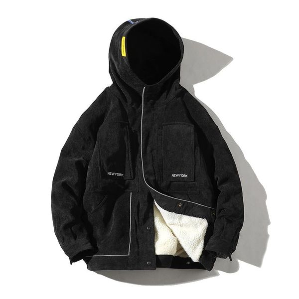 

человек зимняя куртка с капюшоном вельветовая куртка теплая и толстая вельветовая куртка, Black