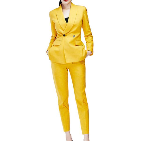 

2020 fashion yellow double breasted women's slim fit 2 pieces suits female office uniform style tuxedo suits dos piezas mujer, White;black
