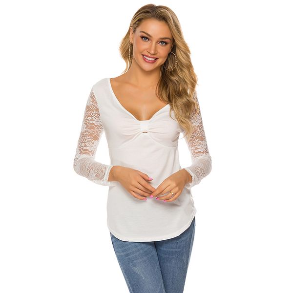

v-neck wrinkle women and shirts solid lace patchwork long sleeve hollow blusas mujer de moda 2020, White