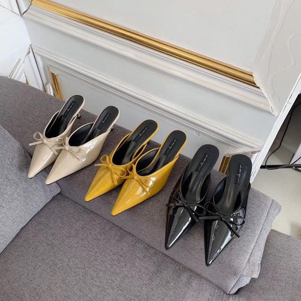 

fashion women mules shoes slippers pointed toe slides slip on thin high heels sandals slides slippers party dress shoes bow, Black