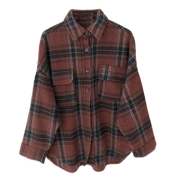 

wool blended check plaid shirt jacket women boyfriend oversize jackets fall winter 2019, Black;brown