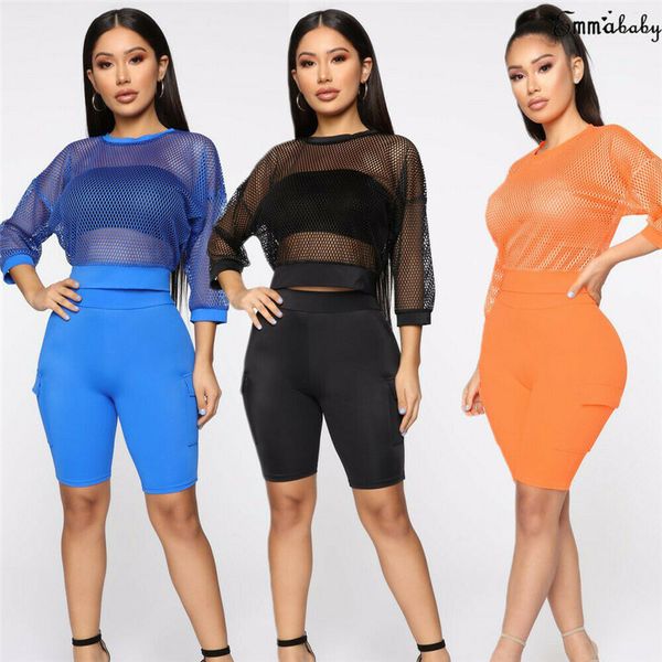 

women three quarters sleeve o-neck fishnet t-shirt crop outwear hollow out slim t-shirt transparent causal new, White