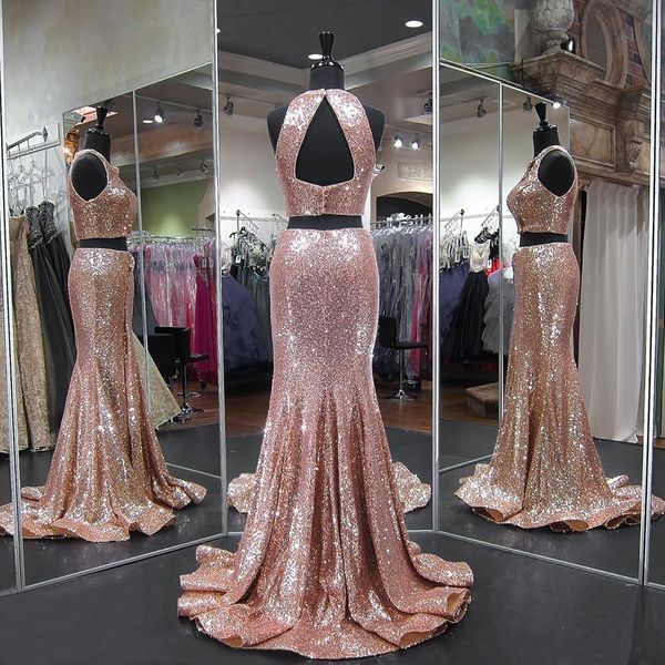 

sparkly rose gold two pieces sequined prom dresses sequins sheathsplit mermaid hollow back plus size formal evening gowns pageant wear, Black;red
