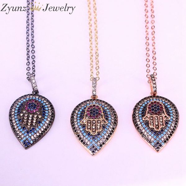 

5pcs, rainbow colorful cz micro pave hamsa hand and eye drop pendant necklace charm cubic zirconia pendant statement necklace, Silver