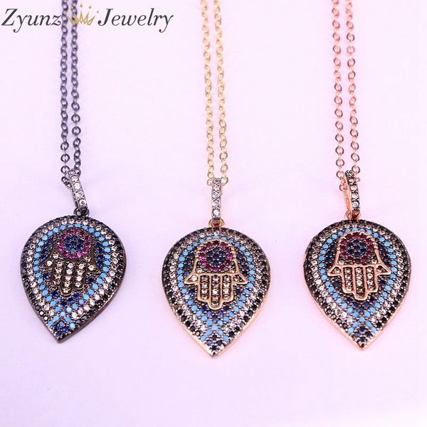 

5pcs, rainbow colorful cz micro pave hamsa hand and eye drop pendant necklace charm cubic zirconia pendant statement necklace, Silver