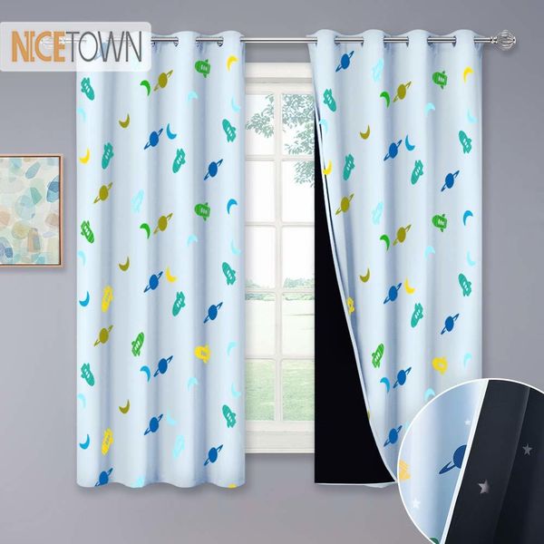 

nicetown blackout kids curtains 2 layers of space rocket planet moon printed bedroom nursery drapes with twinkle stars cut liner