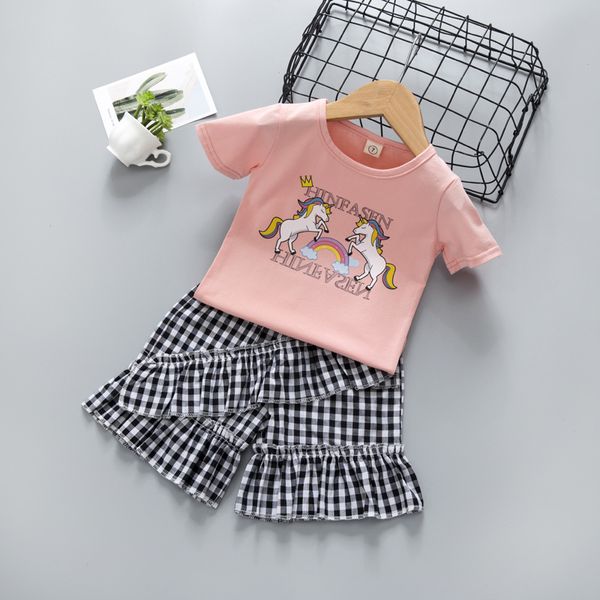 

kids designer clothes foreign trade childrens clothing new summer girls suit cartoon short-sleeved t-shirt fashion foreign style plaid short, White