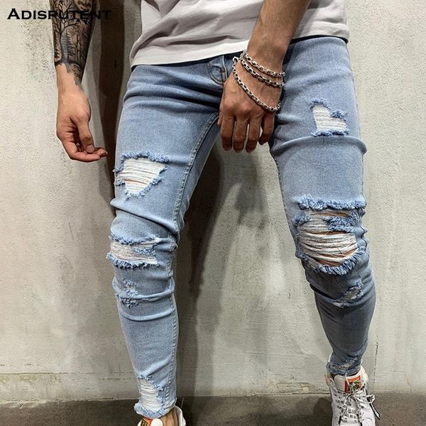 

adisputent men's fashion slim fit ripped stretchy skinny distressed jeans tide young pierced jeans scraped denim trousers, Blue