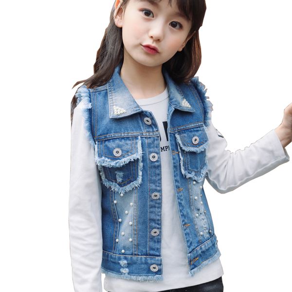 

spring autumn fashion baby sleeveless denim turn-down collar vest with pockets girl pearls cool vest for toddler clothing bc212, Blue