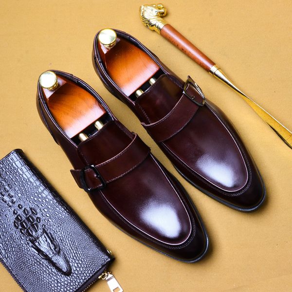 

pointed toe men leather shoes british style fashion men's loafers buckle strap slip-on wedding dress shoes, Black