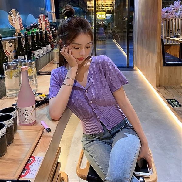 

сезон красивых xia xia фиолетовый топ ins женского модного с короткими рукавами кардигана женского открытой короткой футболкой вязаным топом, White