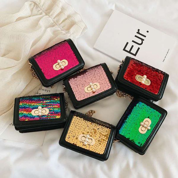 

kids sequin square bags baby girls mini princess bags girls classic chain shoulder bags children girls purse, Black