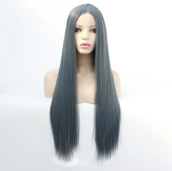 

new designer fashion lace front wig sell gray synthetic hair wig traceless hairline classic long straight hair split full head set, Black;brown