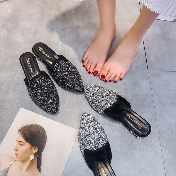 

fashion dress shoes women stylish rhinestone pointed toe casual half mules low flat heels bling slides girls slippers shoes, Black