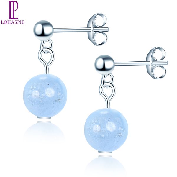 

6mm natural gemstone aquamarine stud earrings solid 925 sterling silver fine elegant classic blue round bead jewelry for women gift, Golden;silver