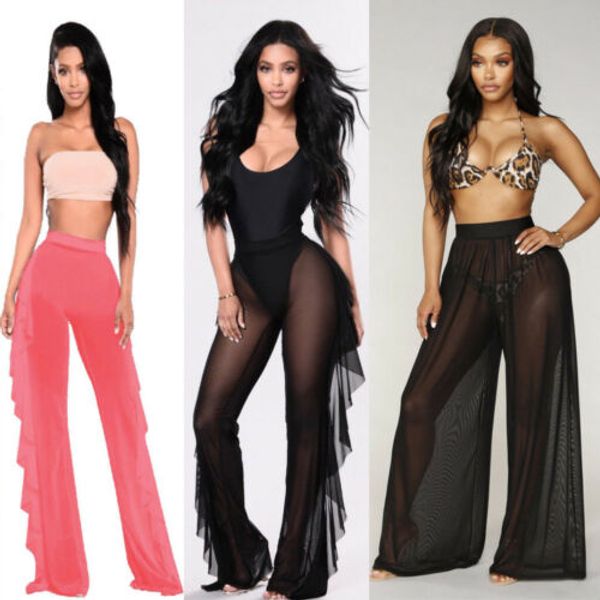 

2019 lady sheer pant women loose stretch high waist wide leg long pant palazzo trouser look through mesh summer flare, Black;white
