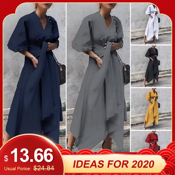 

vonda summer dress 2019 women vintage v neck asymmetrical high waist long maxi dress plus size ol sundress party vestido, Black;gray