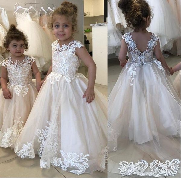 Champagne New Lovely Flower Girl for Weddings Sheer Jewel Neck Tulle Apliques Little Kids Baby Vestes Custom First Communion Vestres 403