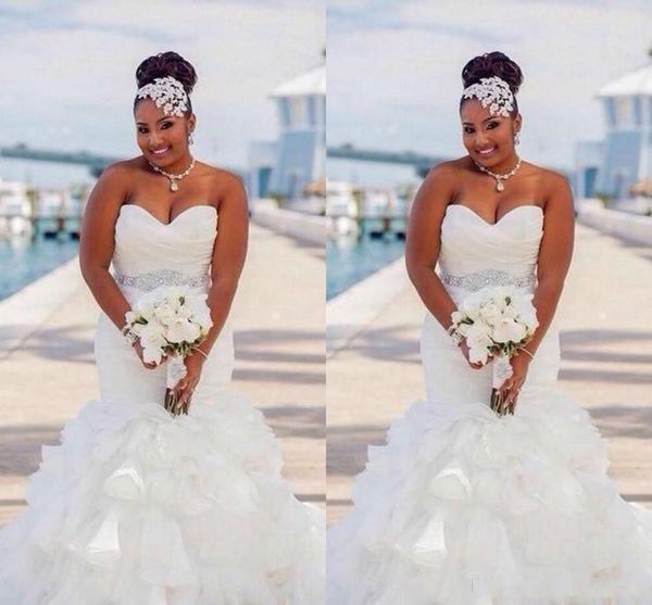 

2020 plus size african retro mermaid wedding dresses sweetheart crystal beaded sash organza ruffles tiered custom formal bridal gowns, White