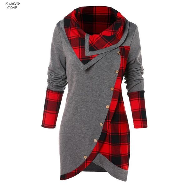 

blouse new women hem 2019 long sleeve irregular plaid button turtleneck tartan tunic sweatshirt pullover y, White